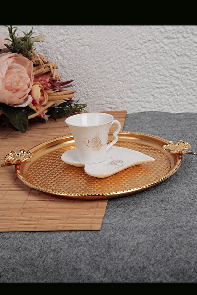 GİLLİ STORE Paslanmaz Çelik Yuvarlak Model Çay Kahve Sunum Tepsi Kelebek Detaylı