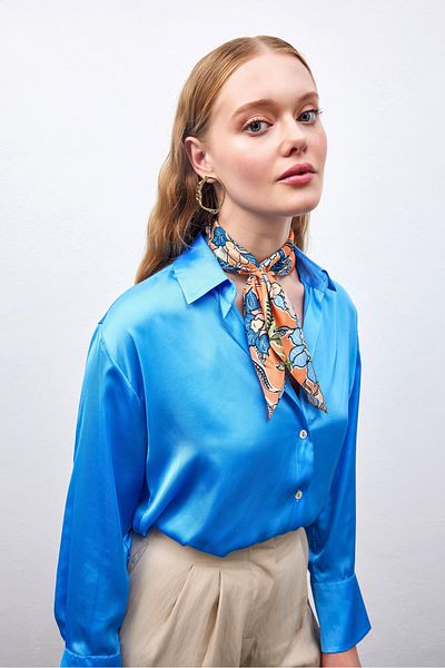 THE MOON Orange Vegan Silk Scarf with Chrysanthemum Flower Pattern