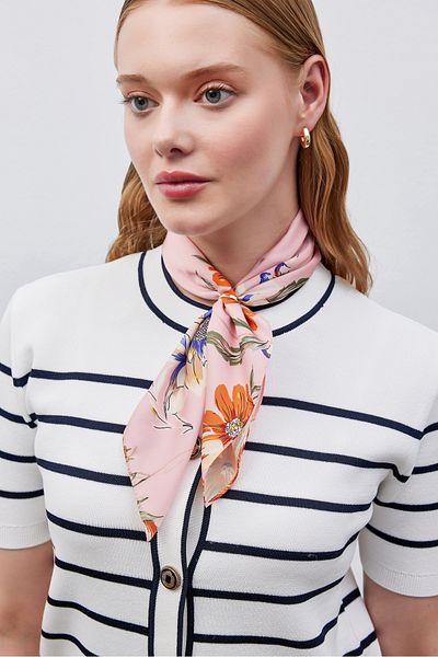 THE MOON Pink Vegan Silk Scarf Bandana with Magnolia Flower Pattern