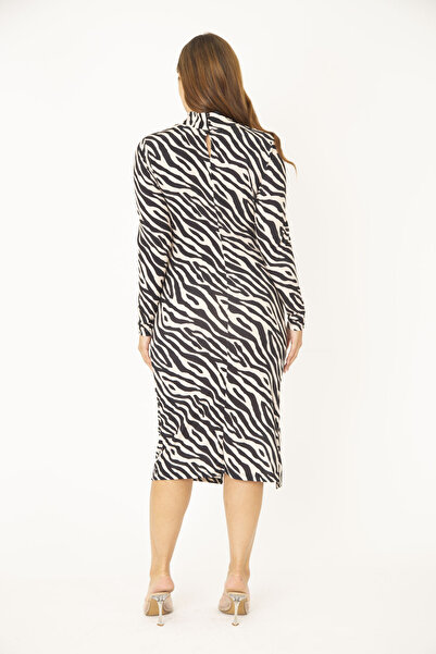 Şans Tekstil Women's Black Stand Collar Waist Gather and Slit Detailed Dress 26a36855