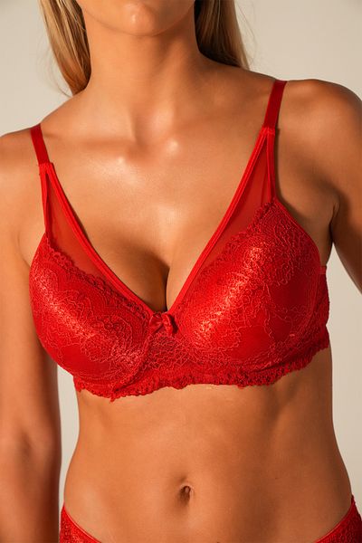 Doğan Red Tulle Lace Padded Bra Set