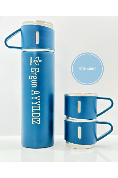 elzemshops Kişiye Özel Isim Ve Baskılı Logolu 3 Bardaklı Set Vakumlu Termos