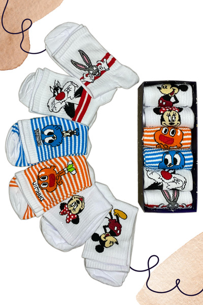Nixora 6'lı Gumball Darwin Ve Micky Mouse Desenli Unisex Çift Tenis Çorabı Kutusu
