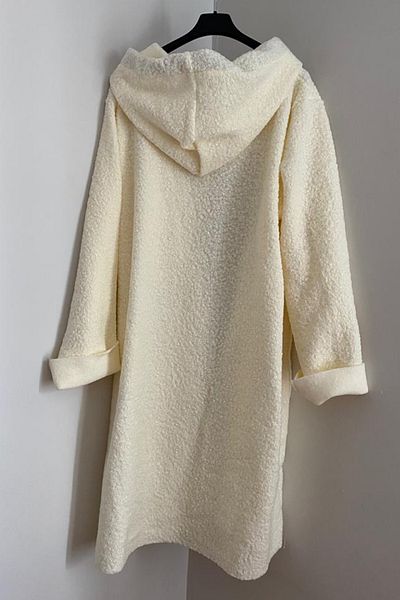 AYASOFYA OTANTIK Women's Italian White Hooded Zipper Pocket Boucle Coat