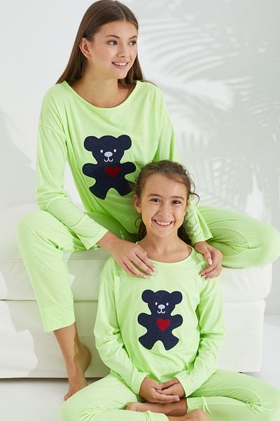 Siyah İnci neon green Cotton Lycra Knitted Pajama Set