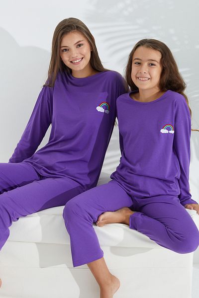 Siyah İnci Purple Cotton Lycra Knitted Pajama Set