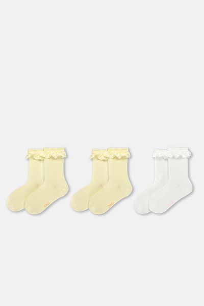 Dagi Ecru-gelbe 3-teilige Spitzensocken für Mädchen
