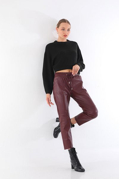 ORZUQLIFE Waist Lace Knee Seam Detail Leather Trousers