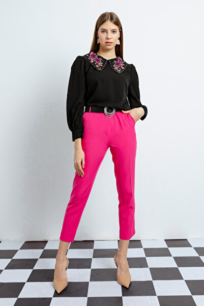 Lafaba Women's Fuchsia High Waist Fabric Trousers