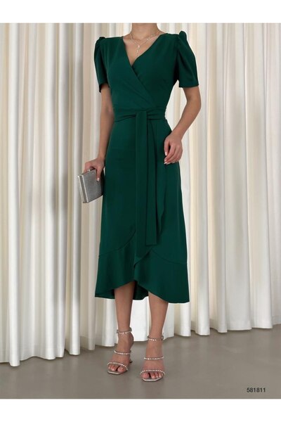 rengastyle Rochie de damă din țesătură crepon verde, lungime midi, cu curea