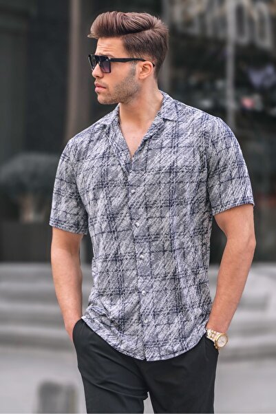 Madmext Ανδρικό κοντομάνικο πουκάμισο με κανονική εφαρμογή μπλε Navy Blue Cla...