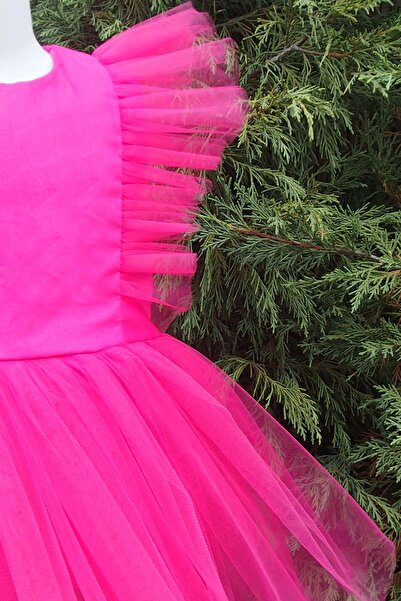 Shecco Babba Girl's Tulle Detailed Fuchsia Tutu Dress Bandana Set Birthday Dress