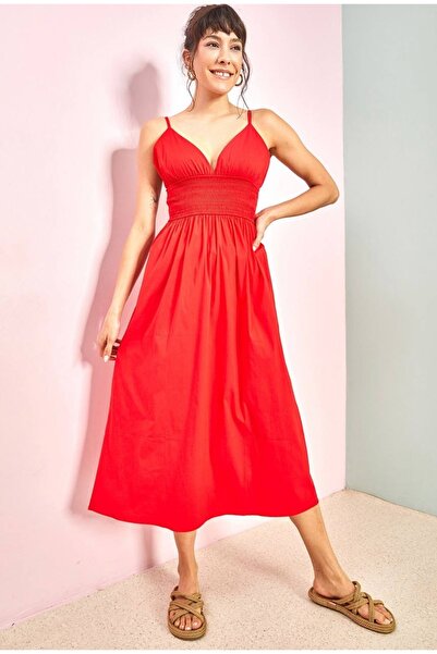Pubblica Women's Red Elastic Adjustable Strap Unlined Summer Long Dress