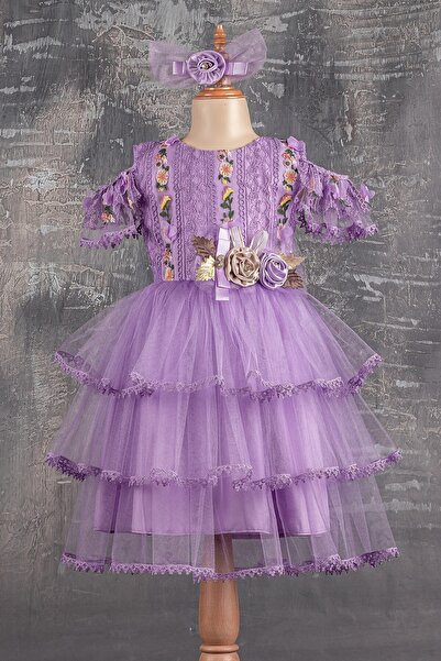 Tivido Çiçek Nakışlı Katlı Tül Etekli Kız Çocuk Abiye