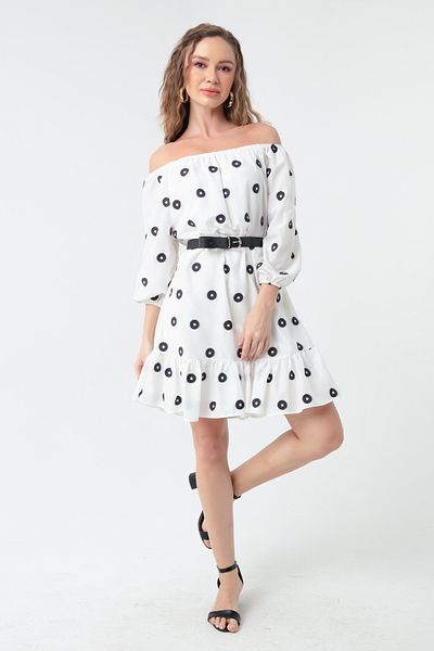 Lafaba Women's White Dress with Elastic Sleeves and Belt