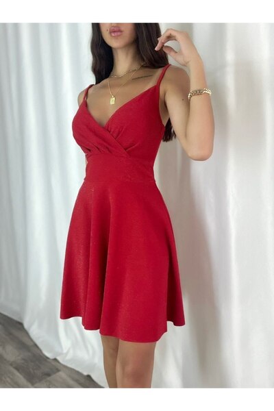 Secret Passion Lingerie Parlak Esnek Krep Kumaş Kruvaze Yaka Askılı Kloş Etek Mini Elbise Abiye Elbise 582526 700