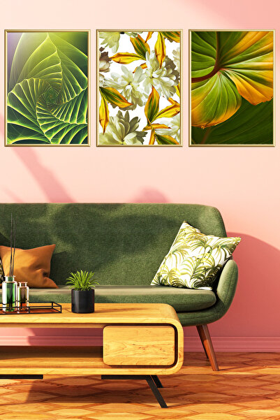 Linacci Set de 3 tablouri din sticlă cu cadru metalic decorativ, elegant, frunze verzi, natură