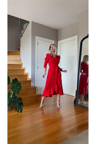 Trendusfashion Rochie midi cu mânecă lungă țesătură Crep Nou Sezon