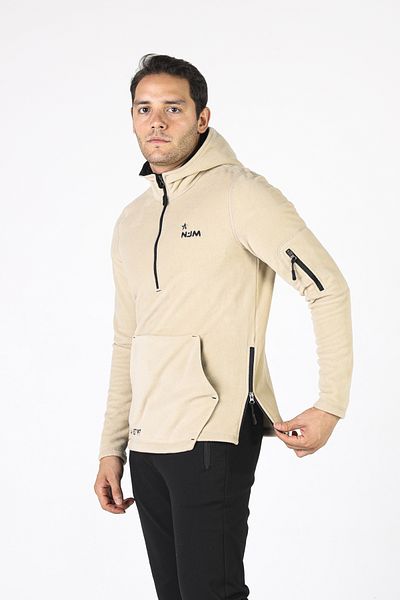 NJM SPORT WEAR Ανδρικό φλις μπεζ μαύρο με μισό φερμουάρ τσέπη με κουκούλα για εξωτερικούς χώρους Slim Fit Winter Sweat