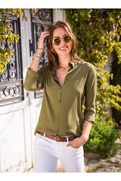 Genel Markalar Kadın Haki Uzun Kollu Dokuma Viskon Kumaş Basic Gömlek