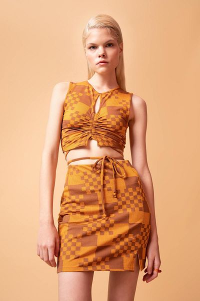DeFacto A-line Checkerboard Patterned Slit Detailed Mini Skirt X8783az22sm