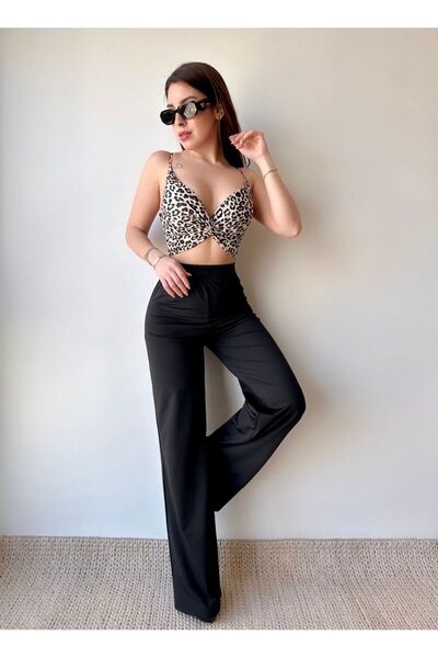 Esinty High Waist and Cross Drawstring Leopard Print Women's Crop Pants Set -...