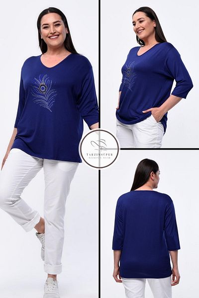 tarzımsüper Large Size New Season Casual Comfort Model Peacock Feather Pattern Stone Embroidered Mother Stylish 4 Seasons Blouse