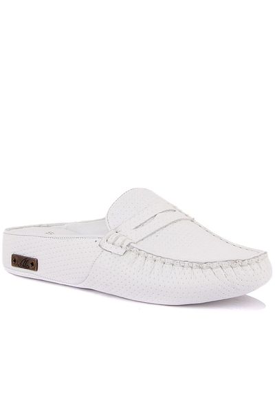SailLakers - White Leather Women's House Slippers with Stud Detail