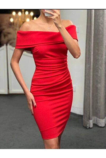 rengamoda Γυναικείο Κόκκινο Slim Fit γιακά Madonna Μίντι Ύφασμα Atlas Κλασικό...