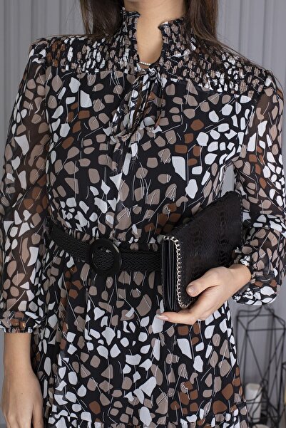 Neşeli Butik Γυναικείο Μίντι Μήκος Σιφόν Φόρεμα Νέας Σεζόν με Ζώνη Apcx04