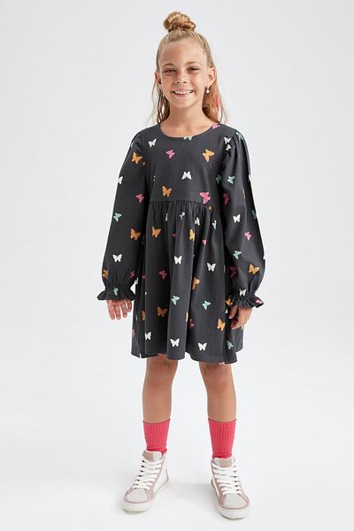 DeFacto Girl's Crew Neck Butterfly Patterned Long Sleeve Dress