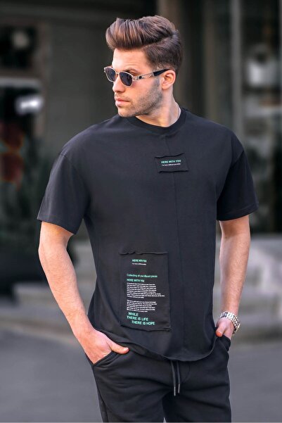 Madmext Tricou bărbătesc din bumbac petic negru 6068