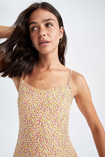 DeFacto A-vonalú V-nyakú, nyomott mini pántos rövid ujjú ruha