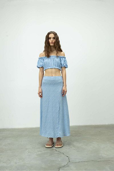 TUBİA Fusta lungă cu fante cu model floral albastru de damă