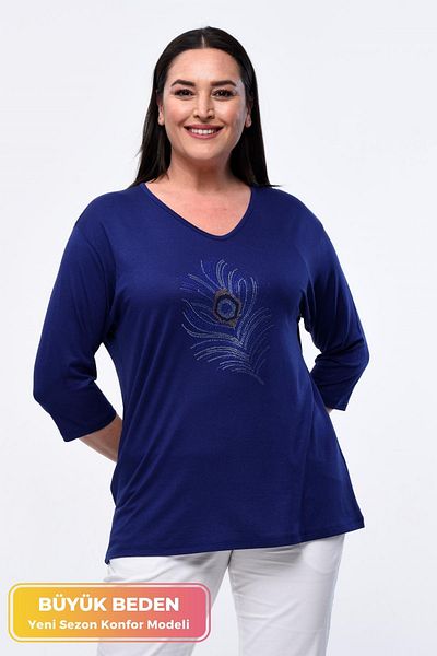 tarzımsüper Large Size New Season Casual Comfort Model Peacock Feather Pattern Stone Embroidered Mother Stylish 4 Seasons Blouse