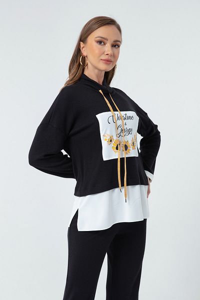 Lafaba Women's Black Front Printed Knitted Sweatshirt