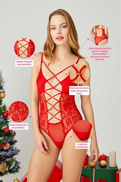 Cottonhill Red Rope Detailed Adjustable Elastic Lace Women's Bodysuit