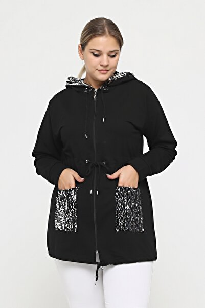 tarzımsüper Γυναικείο μεγάλο μέγεθος με μαύρη κουκούλα, γυαλιστερή παγιέτα με λεπτομέρειες, τσέπη με φερμουάρ, άνετο και κομψό φούτερ