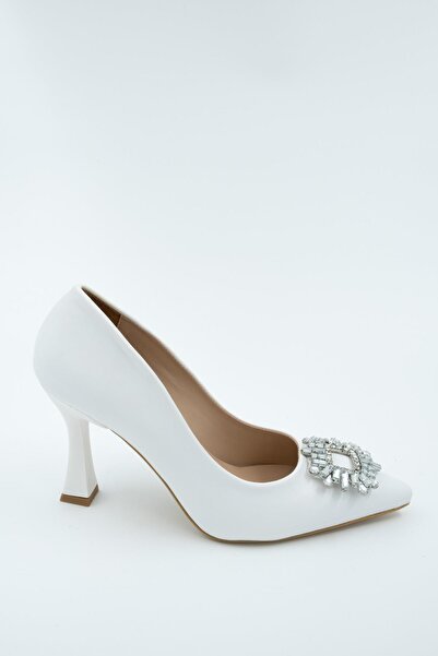 Modabuymus Anjelik Pantofi cu toc stiletto cu piatră din satin alb
