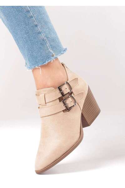 Bej Ayakkabı Women's Side Buckle Adjustable Back Zipper Heeled Shoes Tan