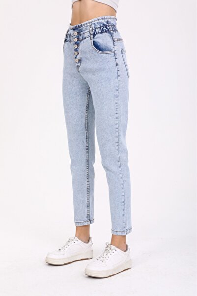 SHEVEGA Curea din lycra cu talie înaltă, albastru gheață, cu nasturi cu șnur, blugi Mom Jean cu detalii