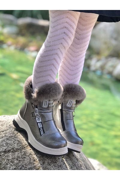 Surpie Shoes Παιδικές γούνινες μπότες με λεπτομέρειες, αντιολισθητικές σόλα, παιδικές μαύρες μπότες με φερμουάρ