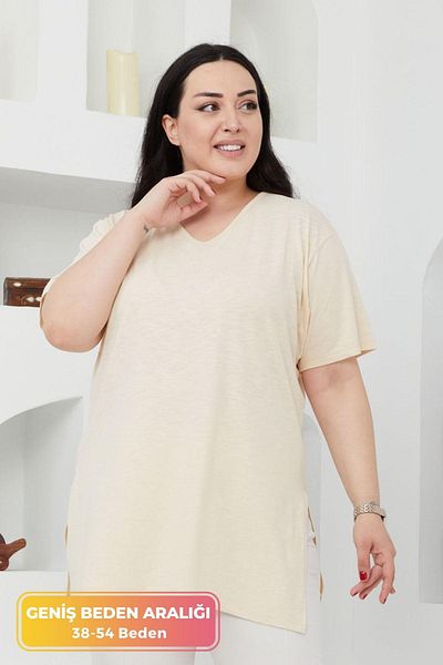 tarzımsüper Large Size Organic Cotton Side Slit Lycra Comfort Model Short Sleeve Sports And Casual T-shirt