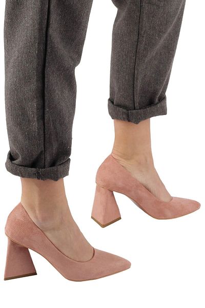 Modabuymus Pantofi cu toc gros triunghi stiletto din piele intoarsa pudra - Ikon