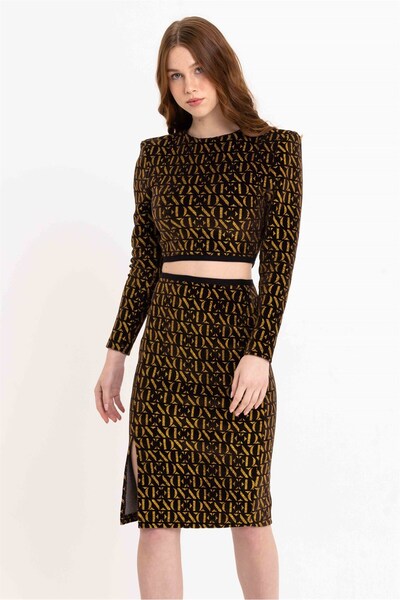 JAHR MARC Shiny Glitter Black Velvet Pencil Skirt