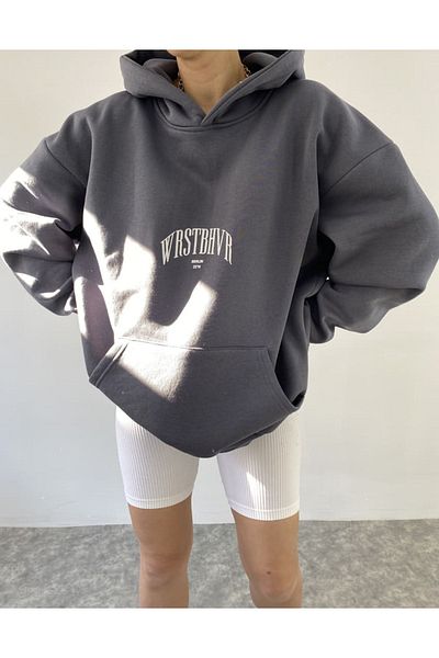 Black Sokak Blacksokak Women's Anthracite Dont Annouce Printed Oversize Hooded Sweatshirt