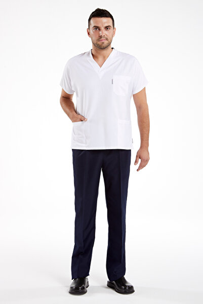 Alsancak Üniforma Scrubs chirurgical din țesătură de alpaca pentru bărbați - combinație alb/marin, costum jerseu
