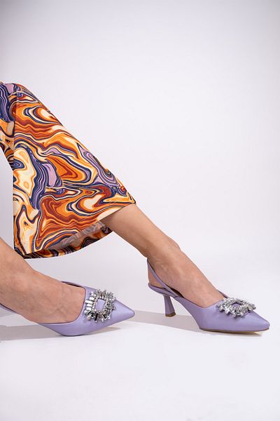 Modabuymus Lilac Color Open Back Stoned Stiletto Low Heel Shoes - Elizabeth