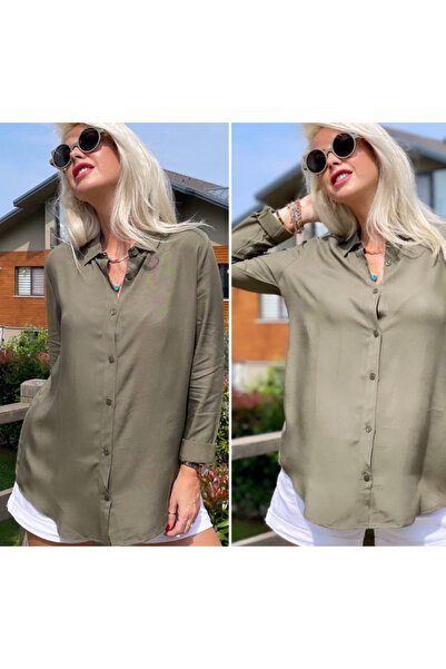 Genel Markalar Kadın Haki Uzun Kollu Dokuma Viskon Kumaş Basic Gömlek