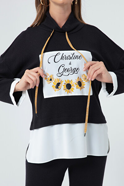 Lafaba Women's Black Front Printed Knitted Sweatshirt